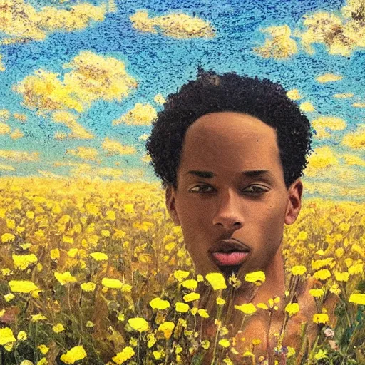 Prompt: a lightskin black man with short hair in a vast field of flowers, using a macbook laptop, wide shot, golden hour, vintage, impressionist painting, fine art, oil painting, dreamy, pastel, happy, intricate details, sharp, peaceful, serene