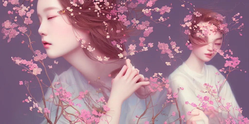 Image similar to breathtaking delicate detailed concept art illustration with flowers and girls, by hsiao - ron cheng, bizarre compositions, exquisite detail, pastel colors, ornate background, 8 k