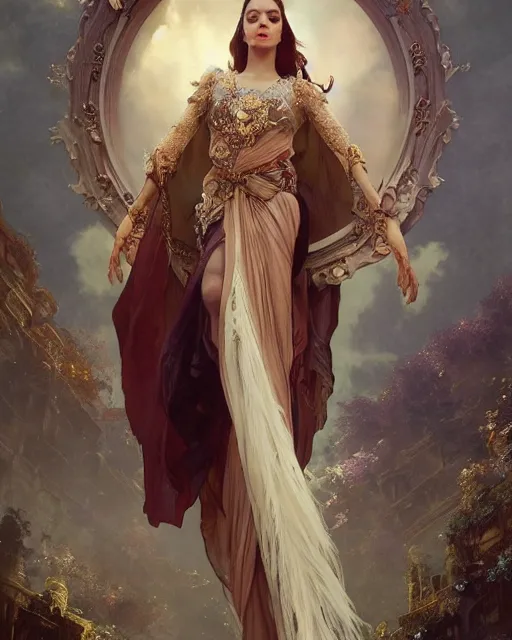 Image similar to a beautiful close up portrait of a sorceress floating on air with elegant looks, flowing robe, ornate and flowing, intricate and soft by ruan jia, tom bagshaw, alphonse mucha, wlop, beautiful roman architectural ruins in the background, epic sky, vray render, artstation, deviantart, pinterest, 5 0 0 px models