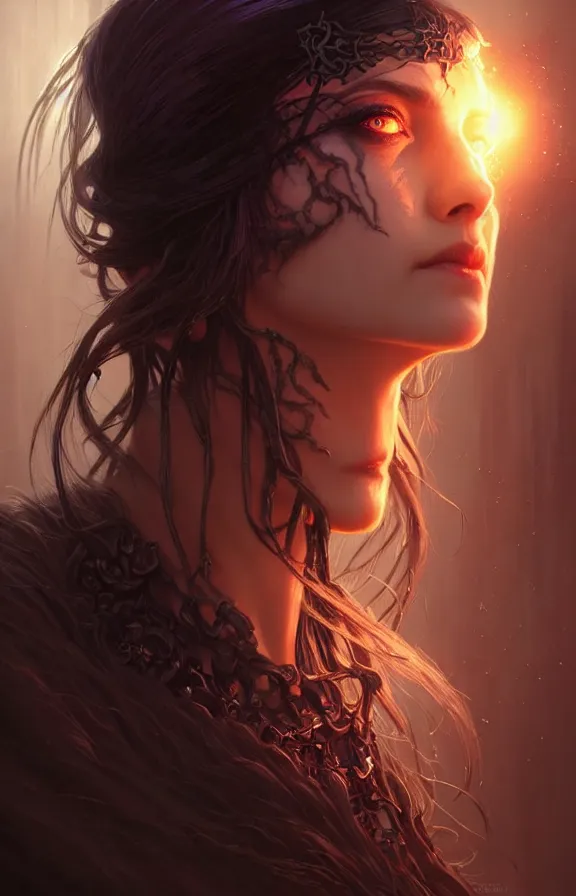 Image similar to Necromancer Sorceress face close-up macro in center, fantasy magic, undercut hairstyle, dark light night, intricate, elegant, sharp focus, illustration, highly detailed, digital painting, concept art, matte, art by WLOP and Artgerm and Greg Rutkowski and Alphonse Mucha, masterpiece