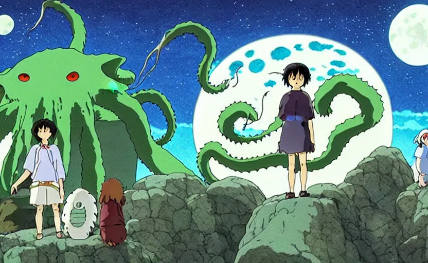 Image similar to a still from a studio ghibli movie of a cartoon cthulhu and friends from princess mononoke ( 1 9 9 7 ), in front of a pale full moon, full body, wide shot, very dull muted colors, studio ghibli, highly detailed, deviantart, art by artgem