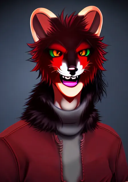 Image similar to furry - male - red - black - weasel - necromancer - fursona uhd ue 5 visual novel pc game expressions