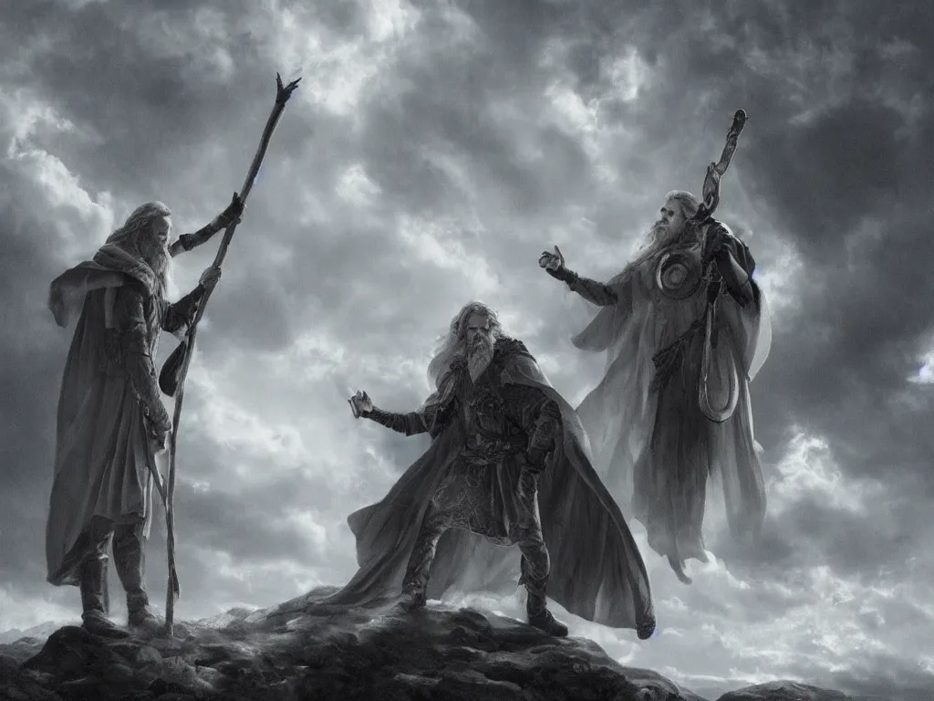 Image similar to Odin the wanderer in a grey cloak with his staff travelling walking on a path with clouds above him, neo-romanticism, norse mythology