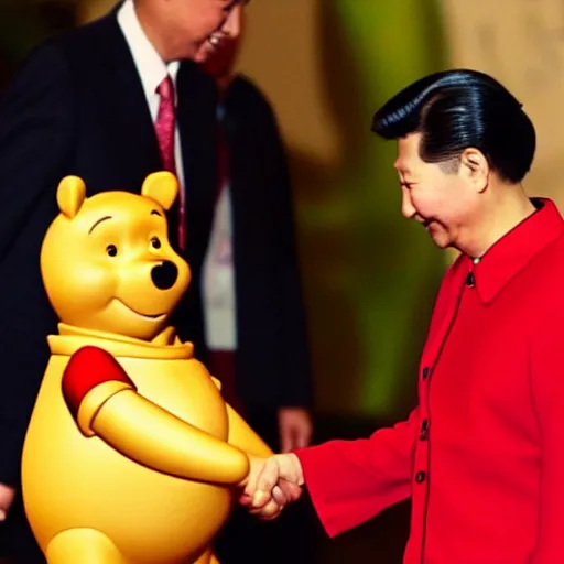 Prompt: winnie the pooh and xi jinping shaking hands in palace