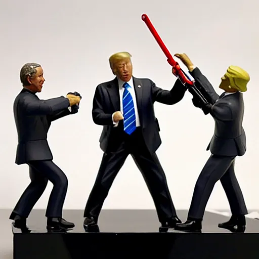 Image similar to photo of putin, trump, obama and bush having a lightsaber fight, figurine