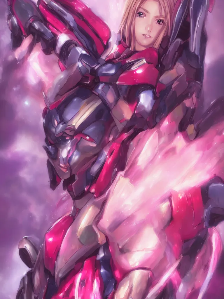 Image similar to A realistic anime portrait of a woman in a Gundam suit with glowing pink, digital painting, by Stanley Artgerm Lau, Sakimichan, WLOP and Rossdraws, digtial painting, trending on ArtStation, SFW version