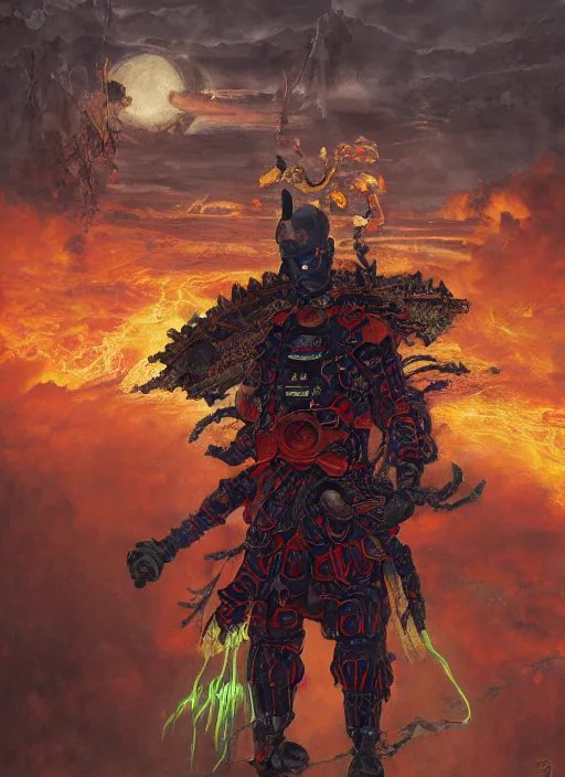 Image similar to portrait of a diabolical cyborg clown samurai with a flamethrougher, wearing burning torn cape, dynamic pose, glowing eyes, ancient ruins, glowing veins subsurface scattering, in clouds, sunset, portrait, by gerald brom, by mikhail vrubel, by peter elson, muted colors, extreme detail, reflections, trending on artstation, 8 k