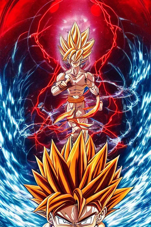 Image similar to Male Anime Character Son Goku Super Saiyan 4 cyborg in the center giygas epcotinside a space station eye of providence Beksinski Finnian vivid HR Giger to eye hellscape mind character Environmental