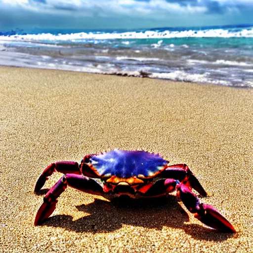 Prompt: crab on beach on sand, sea in the background, sun is shining, art by disney