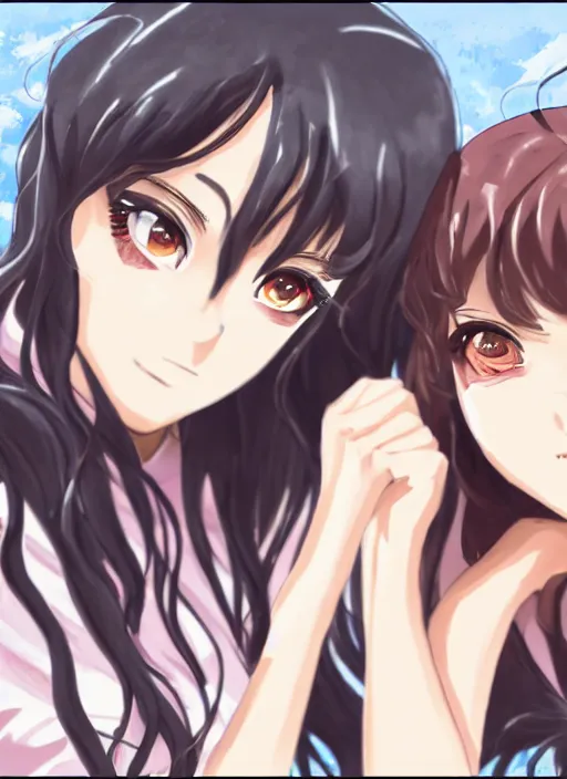 Image similar to two beautiful mothers sitting across from each other, summer clothes, gorgeous faces, thick lines, cinematic lighting, detailed anime art