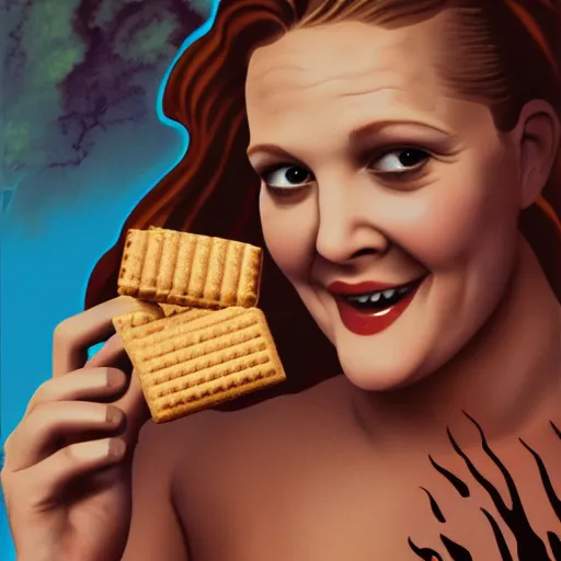 Image similar to smore inside drew barrymore, bionic scifi by alexandre ferra, chocolate and graham cracker background