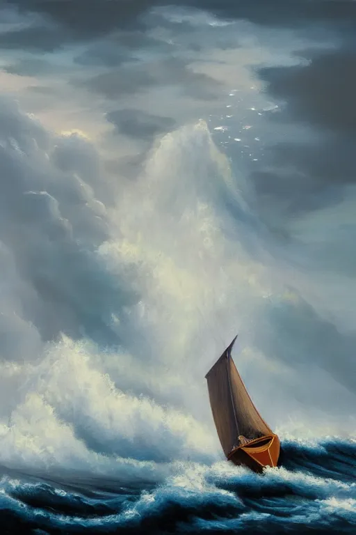 Image similar to an oil painting illustration of sailing boat in huge waves, night, moonlight, dark clouds, dramatic shoot, artstation trending, high quality, no crop, entire person visible, natural light, width 768