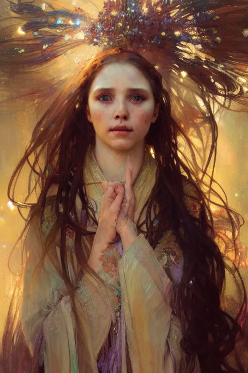 Image similar to hyperrealist portrait of a girl emperorit is decorated with long robes that fall like stars. by jeremy mann and alphonse mucha, fantasy art, photo realistic, dynamic lighting, artstation, poster, volumetric lighting, very detailed faces, 4 k, award winning