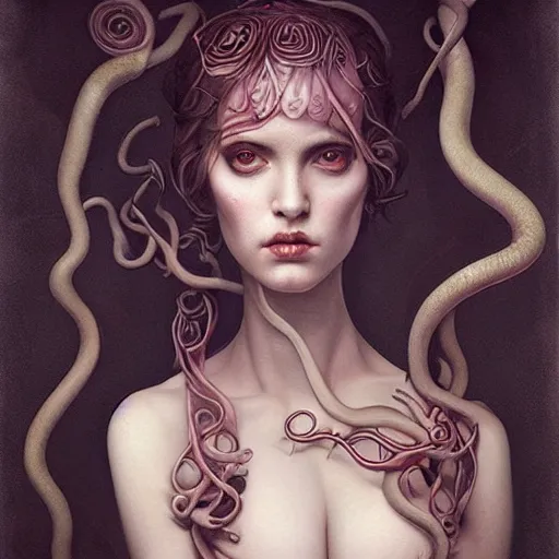 Image similar to by Tom Bagshaw, ultra realist soft painting of lovecraft curiosities, single female in a corset, tentacles, symmetry accurate features, very intricate details, focus, curvy, award winning, ultra dense fog