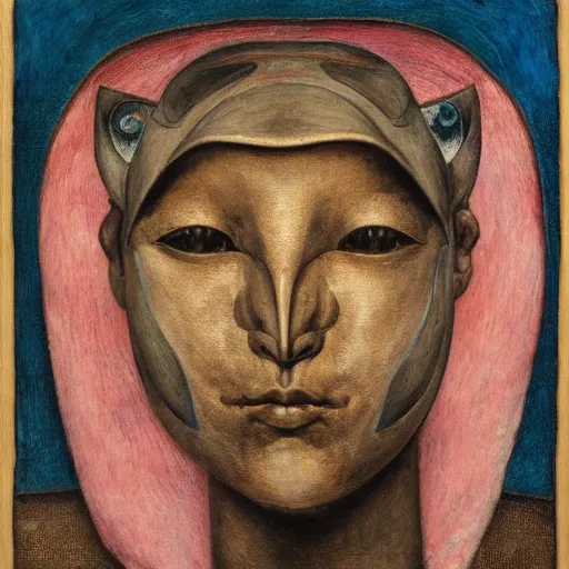 Image similar to the factory queen in her bird mask, by annie swynnerton and diego rivera and lucien freud and jean delville, symbolist, dramatic lighting, elaborate geometric ornament, head and shoulders view, art brut, soft pastel colors, smooth, sharp focus, extremely detailed, adolf wolfli, leo and diane dillon, nicholas roerich