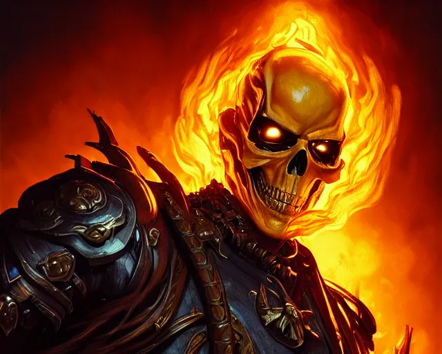 Prompt: a 4 k cinematic film screenshot still portrait of ghost rider, deep focus, d & d, fantasy, intricate, elegant, highly detailed, digital painting, artstation, concept art, matte, sharp focus, illustration, dark fantasy style art, hearthstone, art by artgerm and greg rutkowski and alphonse mucha