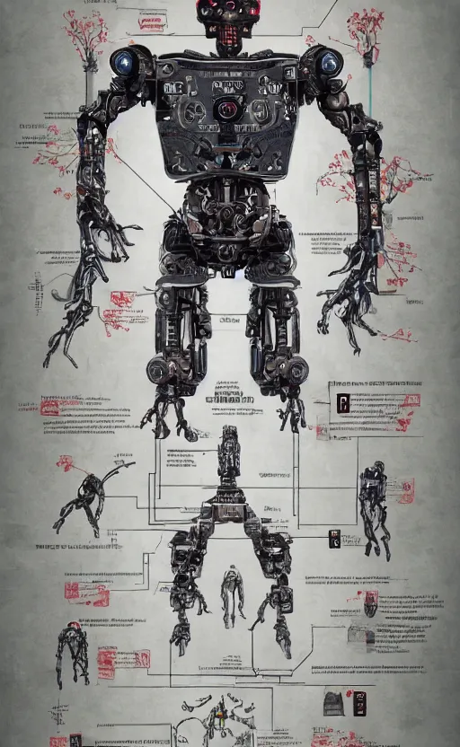 Image similar to anatomy of the terminator, robot, cyborg, t100, bloodborne diagrams, mystical, intricate ornamental tower floral flourishes, rule of thirds, technology meets fantasy, map, infographic, concept art, art station, style of wes anderson