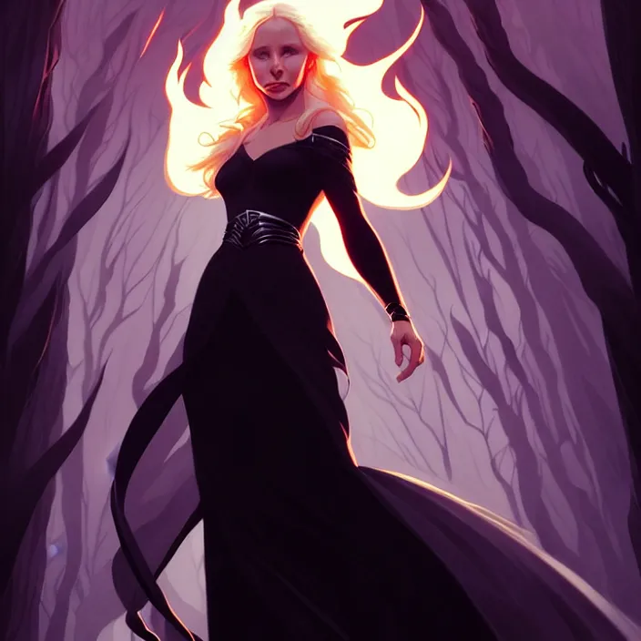 Image similar to style artgerm, joshua middleton, hubert robert, beautiful kristen bell with black dress, very long white hair, symmetrical face, symmetrical eyes, purple fire powers fire swirling, detailed, forest setting, cinematic lighting