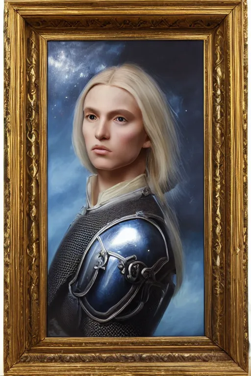 Prompt: hyperrealism oil painting, close - up portrait of european medieval blond fashion model, knight, steel gradient mixed with nebula sky, in style of baroque