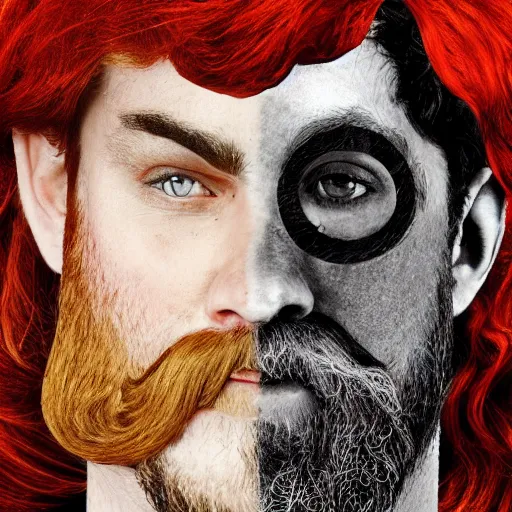 Image similar to a chimera of a man and a horse with a large red beard
