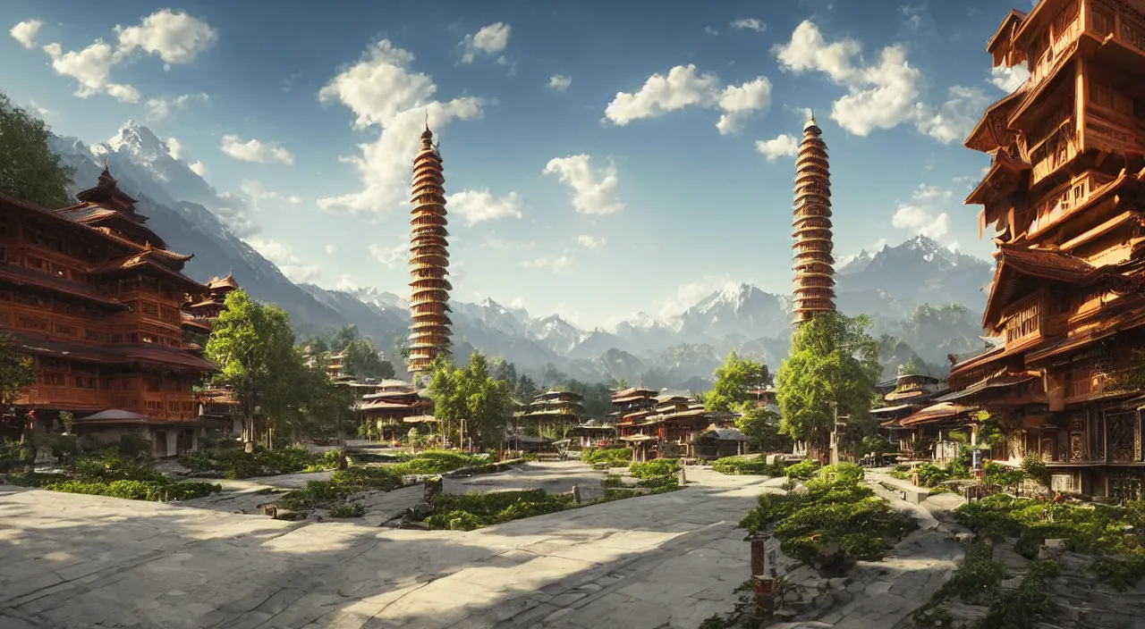 Prompt: retrofutristic city under kashmir mountains, wooden pagodas and mosques, little wood bridge, painting of tower ivy plant in marble late afternoon light, wispy clouds in a blue sky, by frank lloyd wright and greg rutkowski and ruan jia