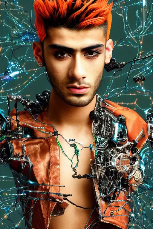 Image similar to full-body cyberpunk style sculpture of handsome singer Zayn Malik as a half cyborg with a chest opening exposing circuitry and electric sparks, glowing orange eyes, crown of green metal leaves, flowing salmon-colored silk, fabric, raptors. baroque elements. full-length view. baroque element. intricate artwork by caravaggio. many many birds birds on background. Trending on artstation, octane render, cinematic lighting from the right, hyper realism, octane render, 8k, depth of field, 3D