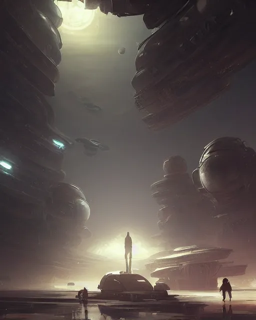 Image similar to A muted color painting of humanoid Aliens of the Sun on a space planet environment with futuristic city and vehicles, inspired by greg rutkowski and Keith Mallett, digital art, extremely moody lighting, glowing light and shadow, atmospheric, shadowy, cinematic