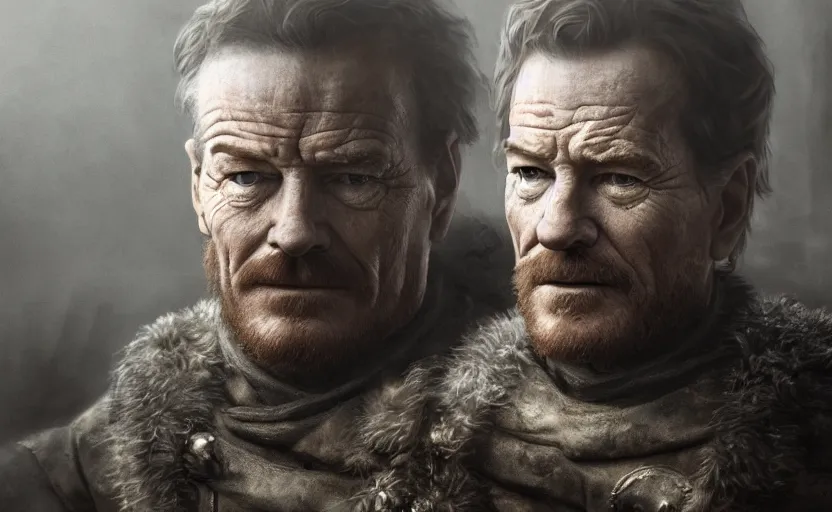 Prompt: bryan cranston in game of thrones, medieval, gloomy and foggy atmosphere, octane render, rembrandt, cgsociety, artstation trending, highly detailed