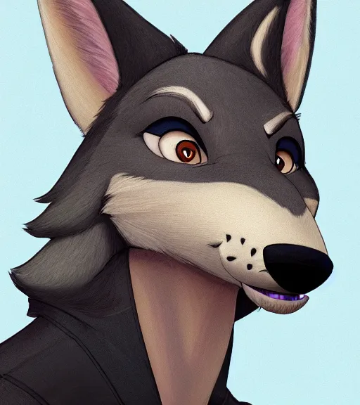 Image similar to bust of anthromorphic female wolf, in style of zootopia, zootopia, zootopia, fursona, furry, furaffinity, 4 k, deviantart, furry art, fursona art, wearing black business suit, business suit, in style of zootopia, wolf fursona, cyberpunk, female, expressive detailed feminine face,