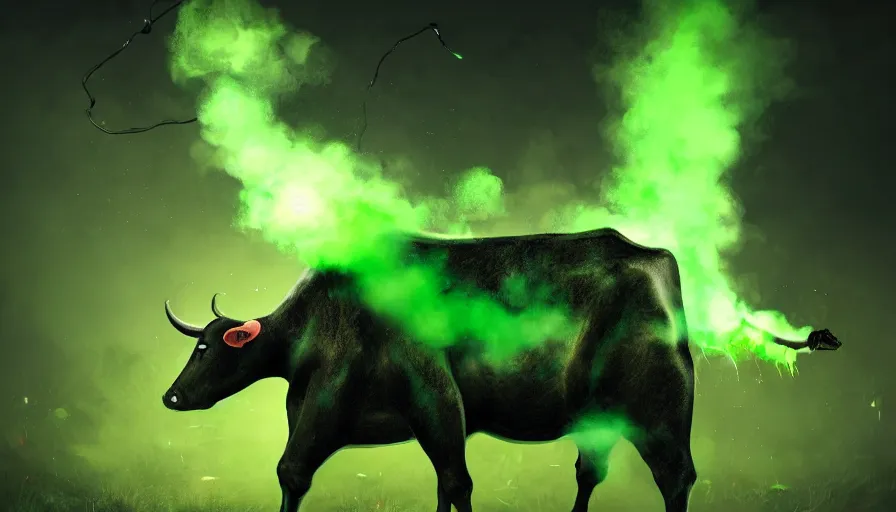 Image similar to mutant cow, green smoke, green light, dark background, horror, hyperdetailed, artstation, cgsociety, 8 k