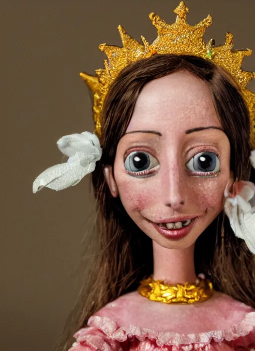 Image similar to closeup face profile portrait of a tin toy shelley duvall as a fairytale princess wearing a crown eating cakes, bikini, depth of field, zeiss lens, detailed, symmetrical, centered, fashion photoshoot, by nicoletta ceccoli, mark ryden, lostfish, breathtaking, 8 k resolution, extremely detailed, beautiful, establishing shot, artistic, hyperrealistic, octane render