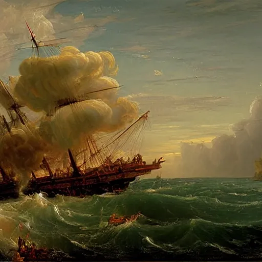 Image similar to an oil painting of an xviii century ship firing its cannons, highly detailed, 4 k, painted by thomas cole