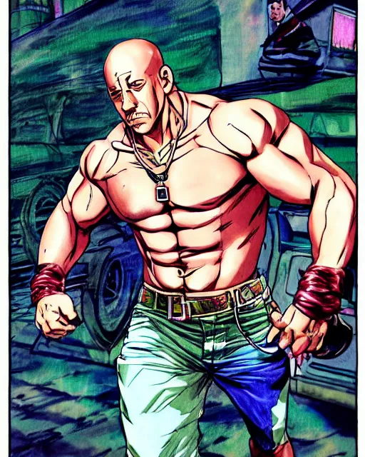 Prompt: Digital color pen drawing of Vin Diesel walking like a Italian model in JoJo\'s Bizzare Adventure anime style, highly detailed, sharp focus, screentone shading, 1990 manga panel, trending on ArtStation, manga cover art drawn by Hirohiko Araki