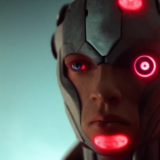 Image similar to movie still of cyborg with glowing third eye, cinematic composition, cinematic light, criterion collection, by square enix