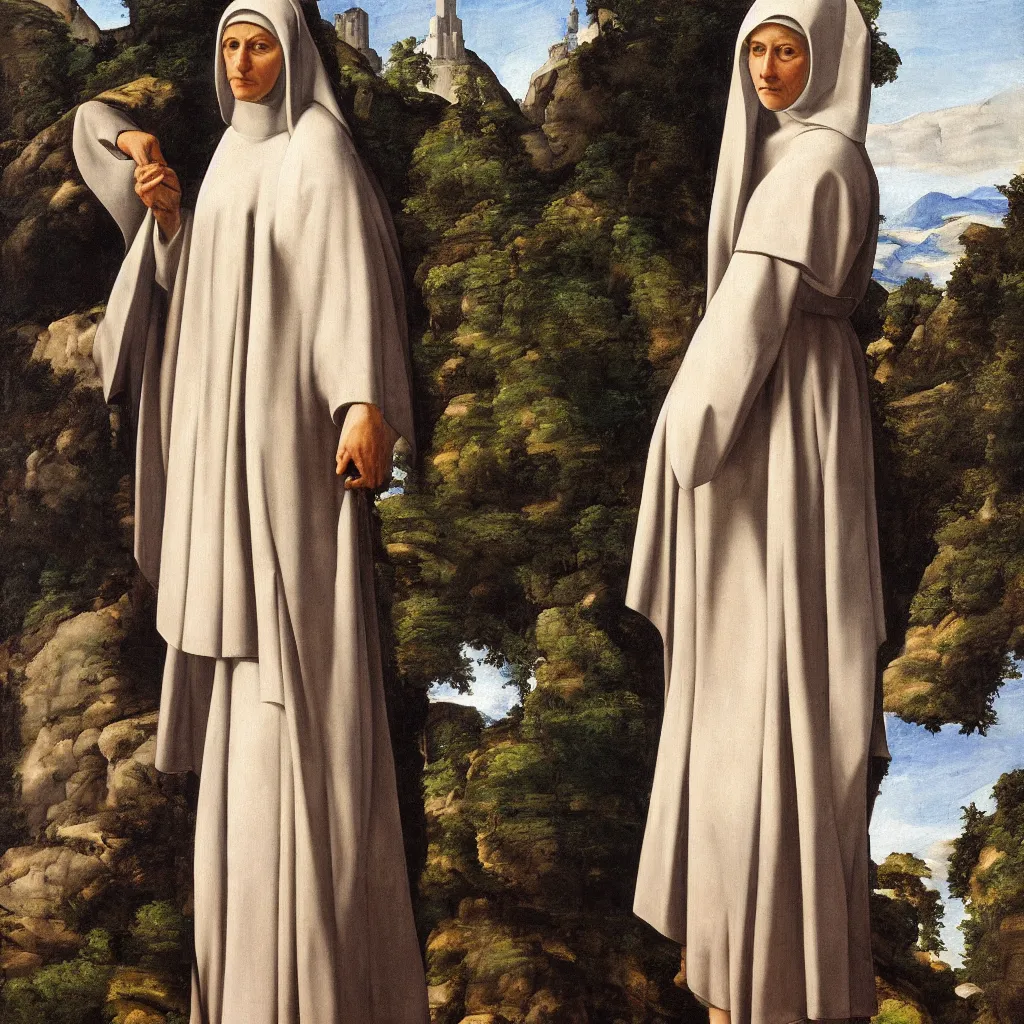 Prompt: a very detailed oil painting of the nun sainte claire wearing clarise habit, beautiful landscape background, half figure by michelangelo