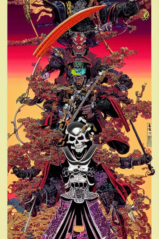 Image similar to poster of crazy skeletor samurai, by yoichi hatakenaka, masamune shirow, josan gonzales and dan mumford, ayami kojima, takato yamamoto, barclay shaw, karol bak, yukito kishiro