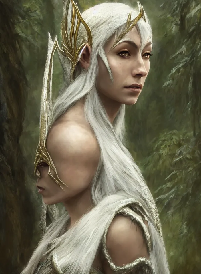 Prompt: a closeup portrait of an elven queen from skyrim wearing white mithril armor, fantasy setting, forest environment, serene colors, soft lighting, atmospheric, cinematic, moody, in the style of diego koi, gina heyer, luiz escanuela, art by alyssa monk, depth, hyperrealism, rule of thirds, golden ratio, oil on canvas, 8 k