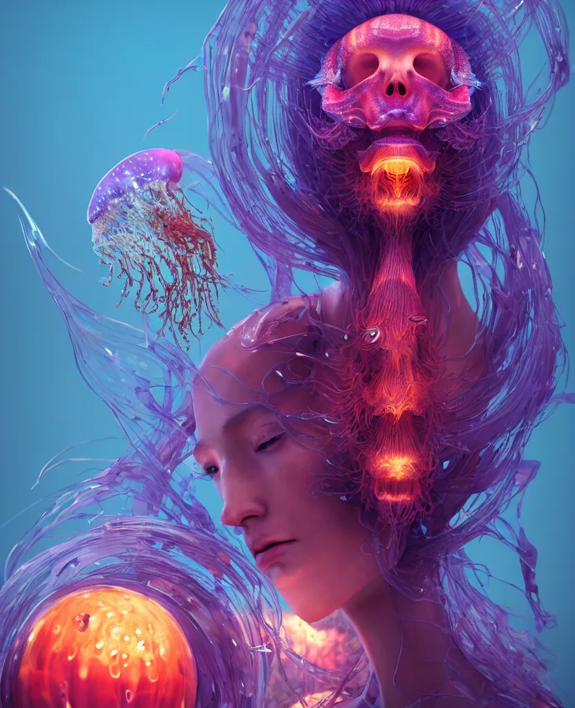 Image similar to goddess close-up portrait ribcagel. jellyfish phoenix head, nautilus, orchid, skull, betta fish, bioluminiscent creatures, intricate artwork by Tooth Wu and wlop and beeple. octane render, trending on artstation, greg rutkowski very coherent symmetrical artwork. cinematic, hyper realism, high detail, octane render, 8k