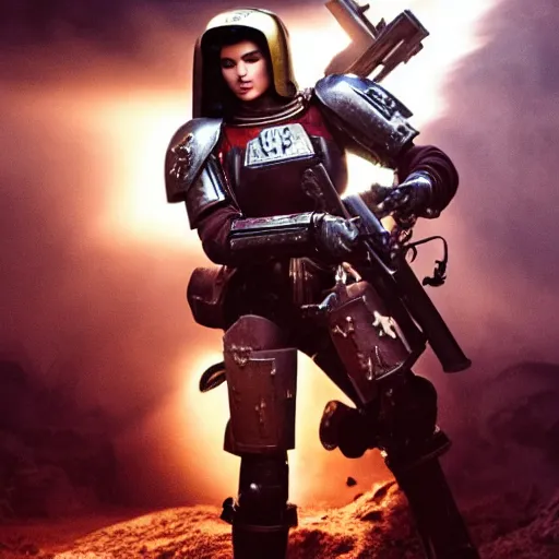 Image similar to warhammer kendall jenner as female space marine wearing space marine armor cinematic lighting dramatic lighting by annie leibovitz