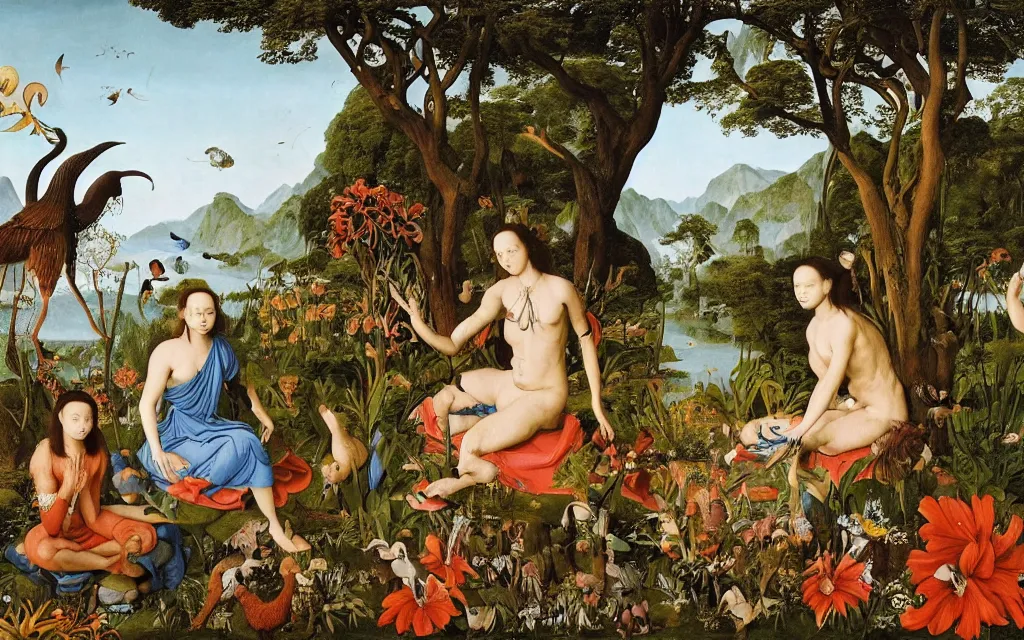 Prompt: a portrait photograph of a meditating harpy and a centaur king feeding tropical animals at a wide river delta. surrounded by bulbous flowers, animals and trees. mountain range under a vast blue sky of burning stars. painted by jan van eyck, max ernst, ernst haeckel and artgerm, cgsociety, artstation, fashion editorial