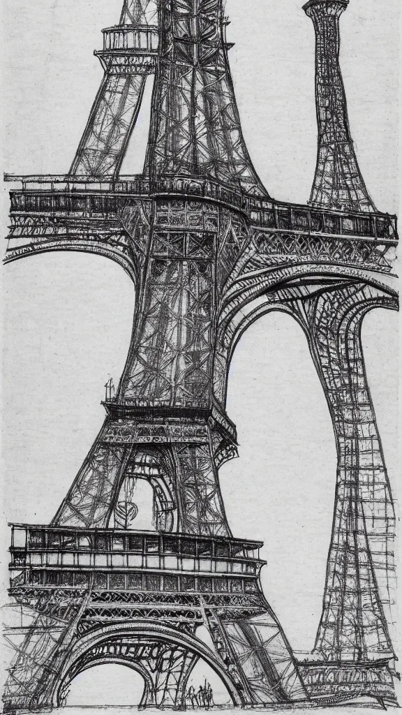 Image similar to architectural design studies of Eiffel tower, schematics, notes, different closeup view, drawn by Leonardo da Vinci, chinese inkpen draw, artistic, intricated details