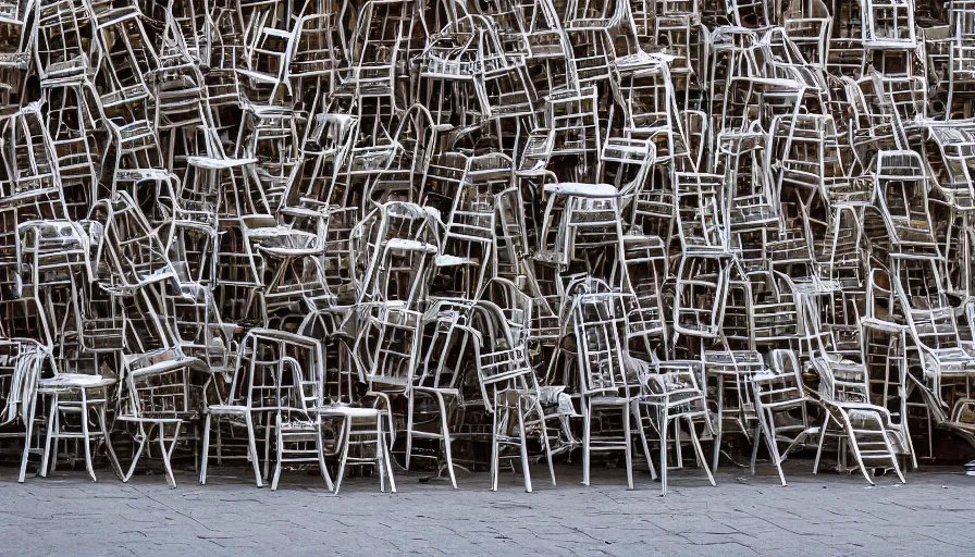 Image similar to chairs piled up ten meters high along the walls of the street, hyperrealistic shaded