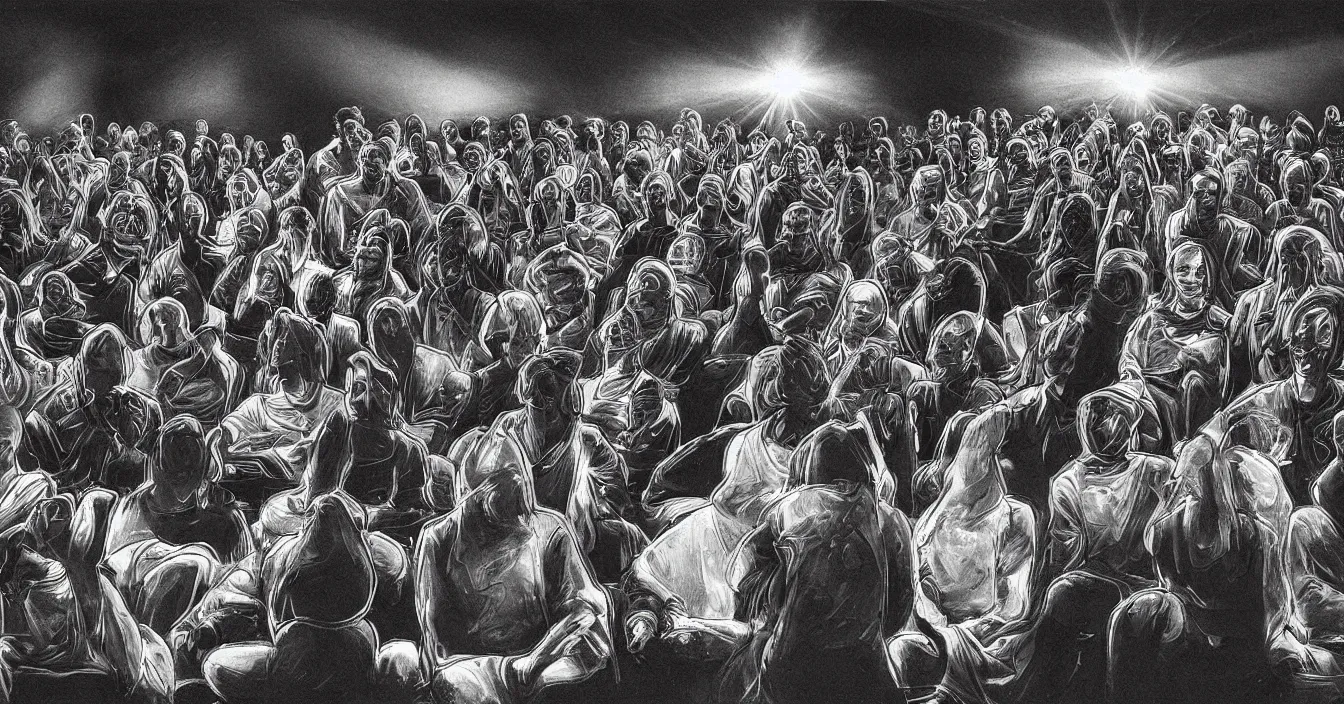 Prompt: rear view of the seated souls in the cinema watching volumetric light of consciousness projecting illusions of their lives on the big screen, trapped ego, realistic, deep sense of spirituality, visual plasticity, shading in vray, style of arthur adams