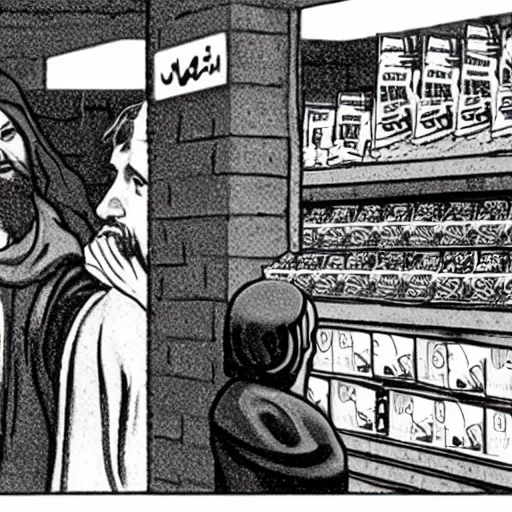 Prompt: cctv footage of jesus stealing a bar of chocolate from a store