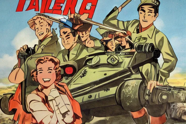 Image similar to 1940s, war, anime, poster, smiling tanks