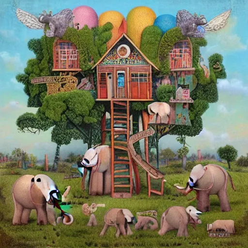 Prompt: tree house and small elephants, lowbrow surrealistic, in the style of Mark Ryden,