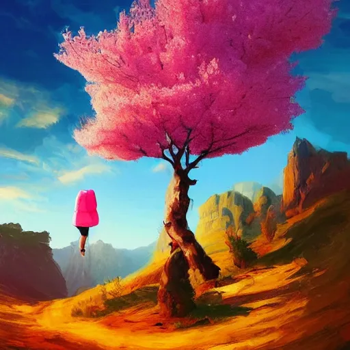 Image similar to giant cherry blossom as a head, girl hiking in a canyon, surreal photography, sunrise, dramatic light, impressionist painting, colorful clouds, digital painting, artstation, simon stalenhag