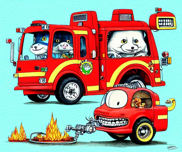 Image similar to cute and funny, beaver driving a tiny fire truck with an oversized engine, ratfink style by ed roth, centered award winning watercolor pen illustration, isometric illustration by chihiro iwasaki, edited by craola, tiny details by artgerm and watercolor girl, symmetrically isometrically centered