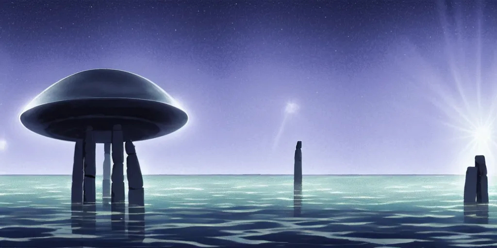 Image similar to a cell - shaded studio ghibli concept art of a giant silver hovering ufo shining a spotlight on a middle eastern merchant in a flooded stonehenge desert on a misty starry night. very dull colors, asymmetrical, hd, 4 k, hq