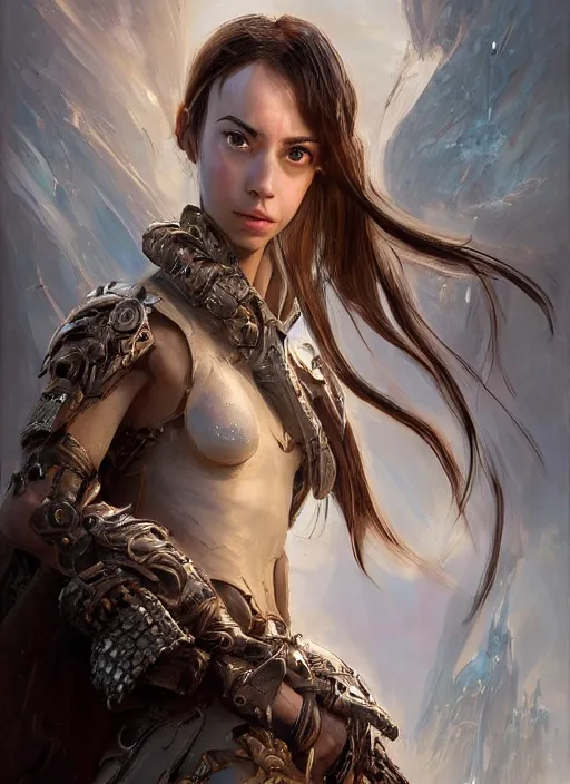 Image similar to a professional portrait of a beautiful young female, clothed in ethereal battle armor, olive skin, long dark hair, beautiful bone structure, symmetrical facial features, intricate, elegant, digital painting, concept art, smooth, sharp focus, finely detailed, illustration, from Valerian and the City of a Thousand Planets, in the style of Ruan Jia and Mandy Jurgens and Artgerm and Greg Rutkowski and William-Adolphe Bouguerea